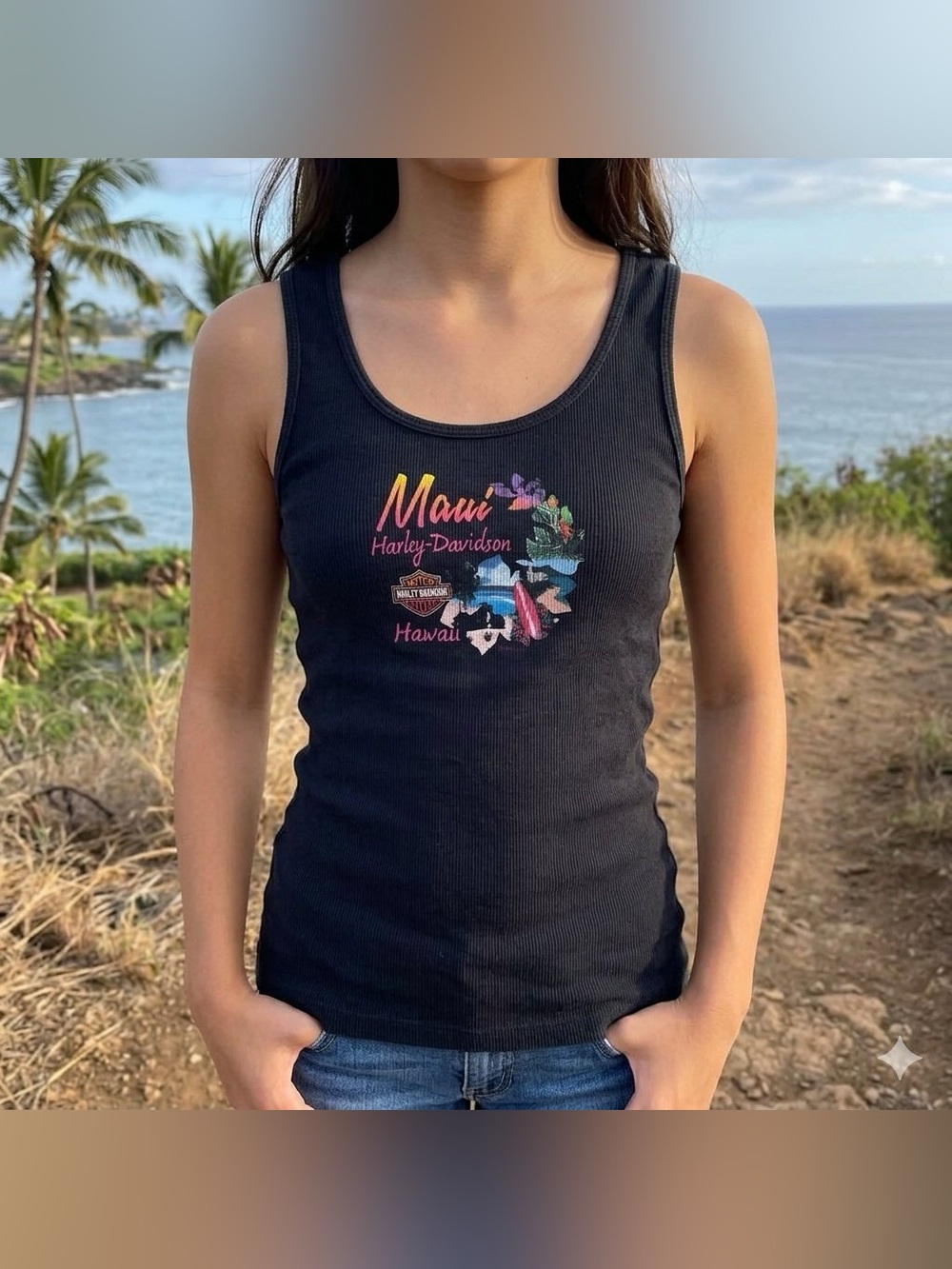 Vintage 90s Harley Davidson Maui Hawaii Ribbed Tank Top S